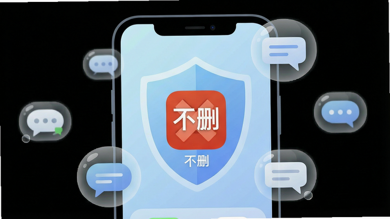 一张高清扁平化风格插画,主体为手机界面,屏幕中央显示应用图标“不删”,背景为淡蓝色渐变的隐私盾牌图案,周围漂浮着被半透明气泡包裹的消息气泡图标,象征隔离与保护,整体布局简洁现代,无多余装饰,高清画质,8k分辨率