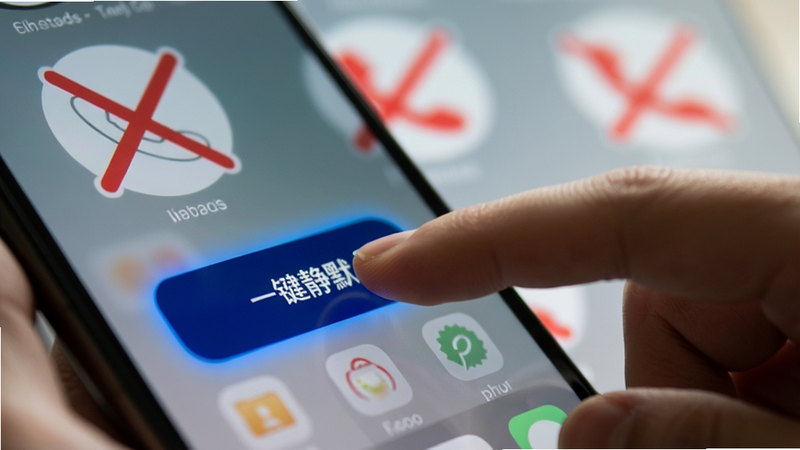 特写镜头,一只手正在点击手机屏幕上的“一键静默”按钮,按钮呈深蓝色发光状态,背景虚化,隐约可见几个被划掉的红色电话图标,象征阻断干扰,光线柔和,聚焦于操作动作,体现便捷与安全,高清摄影风格