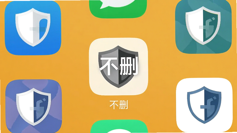手机桌面截图,显示“不删”应用图标位于首屏中心,周围是常见的社交应用图标,图标设计简洁,带有盾牌元素,背景为纯色壁纸,突出应用的专业性,高清,无杂乱元素