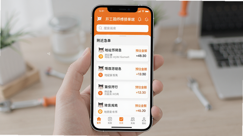 ����Ϊ�ֻ���Ļ���棬��ʾ������èʦ���ӵ��ˡ�APP��ҳ����������������Ϊ���������в�Ϊ�������������б���������ַ�����롢Ԥ�����ײ�Ϊ������������ƽ������ɫ�Գ�ɫ�Ͱ�ɫΪ����ϸ�ڷḻ�����廭�ʣ��ɾ����޶���Ԫ��