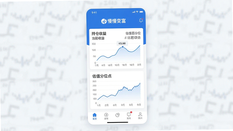 一张高保真移动端应用界面设计图,主体为“慢慢变富”APP首页,顶部显示品牌Logo,中部为核心数据仪表盘,包含持仓收益曲线、估值分位点图表,底部为导航栏,整体风格简约商务,蓝白色调,扁平化设计,高清,无多余元素,文字清晰可见“慢慢变富”“当前收益”“估值百分位”