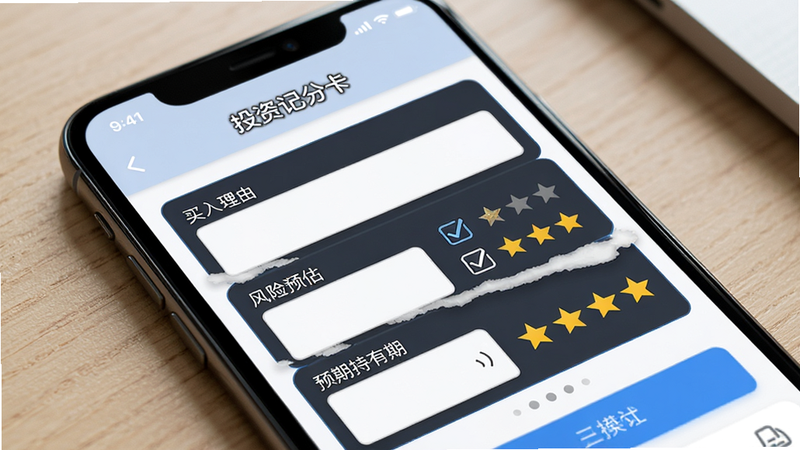 手机屏幕显示“投资记分卡”填写界面,表单包含“买入理由”“风险预估”“预期持有期”等字段,旁边伴有简单的勾选框和评分星级,界面整洁,交互逻辑清晰,现代UI设计,高清,细节丰富