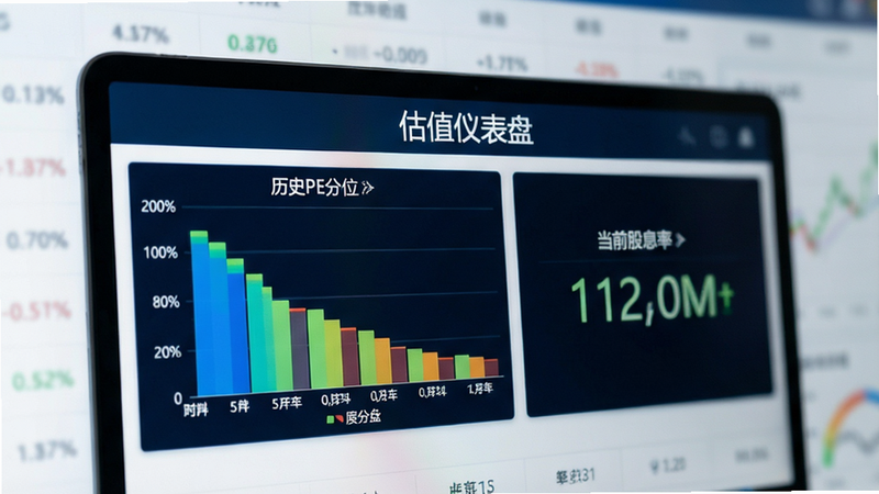 展示估值分析模块的特写,屏幕中央显示“估值仪表盘”,左侧柱状图对比历史PE分位,右侧显示当前股息率数值,背景虚化,突出数据可视化效果,专业金融图表风格,色彩鲜明,高清,无水印