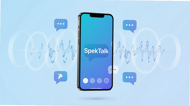 һ�������ֻ������ڻ������룬��Ļ��ʾ��SpekTalk��Ӧ�ý��棬�����ǵ���ɫ�ĿƼ�����ɫ������Χ�������������ƺͶԻ�����ͼ�꣬�������ִ���Լ�����廭�ʣ��޶���Ԫ�أ����������ɼ�