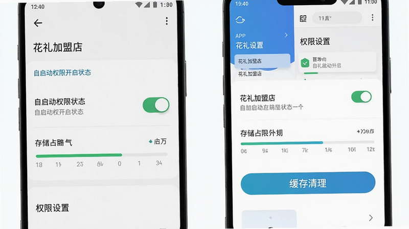 主体为安卓手机设置界面与APP后台管理页面,布局展示自启动权限开启状态及缓存清理按钮,排版清晰突出关键设置项,风格简洁科技,细节展示开关按钮、存储占用进度条,画质清晰,干净,无其他干扰文字,文字包含