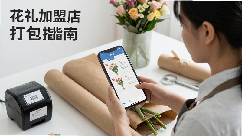 主体为鲜花打包工作场景,布局展示工作人员正在使用APP查看打包指南,排版突出手机屏幕中的步骤图解,风格写实且专业,细节包含保鲜花材、包装纸、标签打印机,画质清晰,干净,无杂乱背景,文字包含