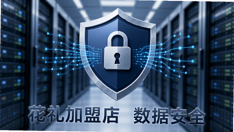 主体为盾牌图标与数据流线条,布局象征安全防护,排版中心对称,风格商务安全,细节展示加密锁、服务器机房背景虚化,画质高清,干净,无多余装饰,文字包含