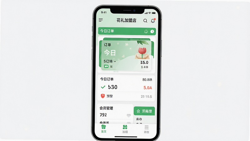 主体为手机屏幕界面展示花礼加盟店APP首页,布局清晰分为顶部导航、中部数据看板、底部功能菜单,排版采用扁平化设计风格,色调以清新绿色和白色为主,细节展示订单列表、库存预警图标及会员管理入口,画质高清,干净,无多余元素,文字包含