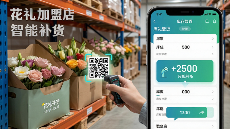 主体为仓库货架与手机界面联动画面,布局左侧为整齐摆放的鲜花箱,右侧为手机APP库存管理界面,排版直观对比实物与数据,风格现代商业摄影,细节展示二维码扫描动作、库存数量变化动画,画质高保真,干净,无遮挡,文字包含
