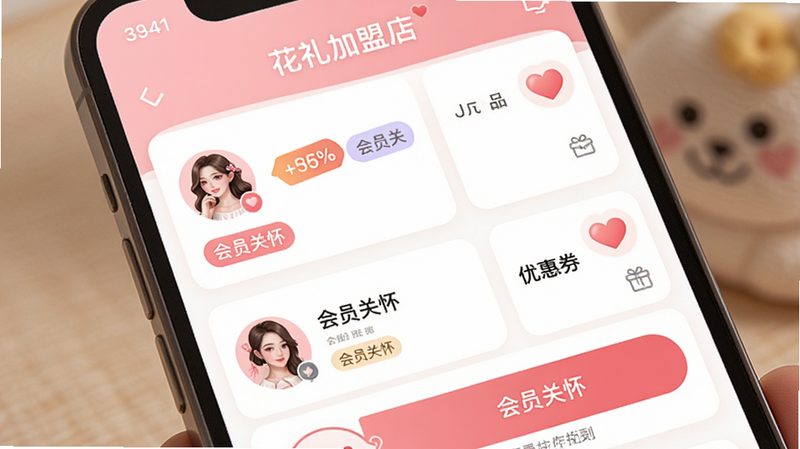主体为手机屏幕展示会员列表与优惠券发放界面,布局突出会员头像、标签分类及发送按钮,排版简洁明了,风格温馨亲切,细节展示粉色系UI设计、爱心图标、折扣标签,画质细腻,干净,无干扰元素,文字包含