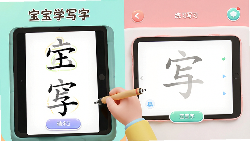 һ��չʾ������ѧд�֡�APP�������3D��Ⱦͼ��������һ����ͨ��ͯ����ƽ������д���ֵĳ���������Ϊ���ҷ����������ʾ���ֽṹ�ֽ⶯�����Ҳ�Ϊ��ϰ�������Ϊ����������������ɫϵ��ϸ�ڰ�����͵Ĺ�ӰЧ����Բ���UI��ť�����ʸ��壬�ɾ����޶���Ԫ�أ����֡�����ѧд�֡������ɼ�