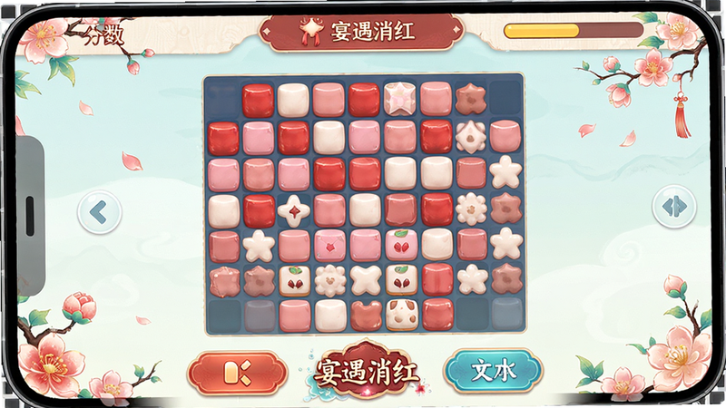 主体为一款名为“宴遇消红”的手机游戏界面,布局清晰,上方显示分数和关卡进度,中间是色彩鲜艳的消除棋盘,包含红色、粉色、白色等方块,下方有操作按钮。排版整洁,风格为清新古风与现代UI结合,细节处有花朵装饰,画质高清,干净,无多余元素,文字“宴遇消红”清晰可见