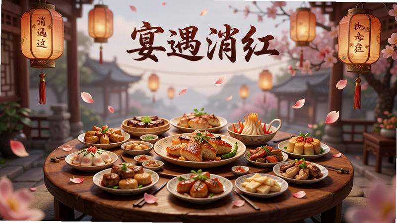 主体为游戏内的场景展示,布局为全屏背景,上方悬挂着古风灯笼,中间是摆满美食的圆桌,周围有花瓣飘落。排版居中,风格为中式唯美,细节丰富,画质8k,干净,无多余元素,文字“宴遇消红”位于顶部中央