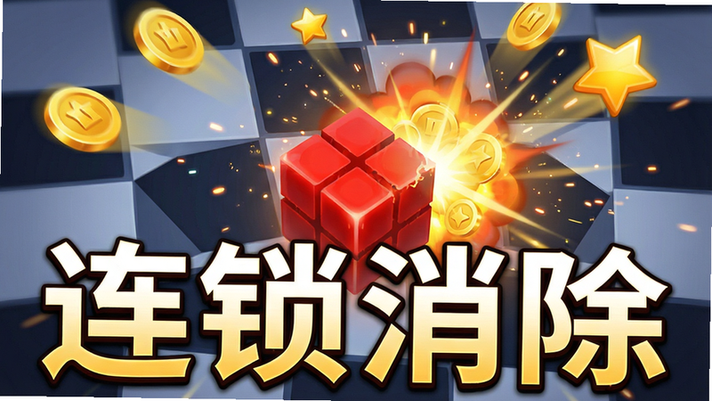 主体为消除特效演示,布局为棋盘局部放大,红色方块消除后产生爆炸光效,周围飞出金币和星星。排版紧凑,风格动态感强,细节处有光粒子效果,画质清晰,干净,无多余元素,文字“连锁消除”醒目显示