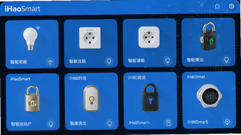 主体为iHaoSmart应用界面,展示多个不同品牌的智能设备卡片,包括灯泡、插座、门锁,界面整洁,蓝色主题,扁平化设计,布局网格状,排版整齐,风格现代科技感,细节精致,高清画质,干净,无多余元素