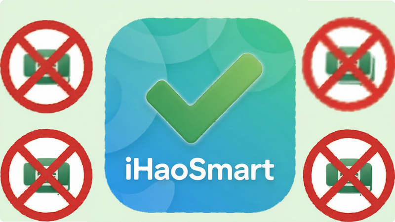 主体为iHaoSmart图标,上面有一个绿色的对勾,背景为浅绿色,象征安全和纯净,周围有禁止广告的符号被划掉,布局简洁,排版留白多,风格清新自然,细节柔和,高清画质,干净,无多余元素