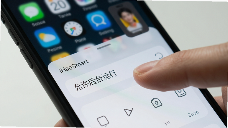 主体为手机屏幕,显示iHaoSmart设置界面,手指正在点击“允许后台运行”选项,背景为模糊的手机桌面,布局聚焦于操作按钮,排版清晰,风格写实摄影,细节光影自然,高清画质,干净,无多余元素