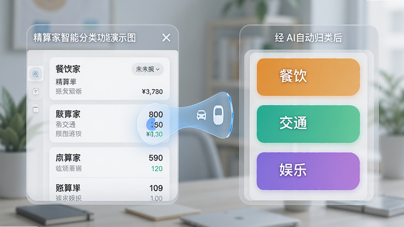 精算家智能分类功能演示图,左侧显示未分类账单列表,右侧显示经过AI自动归类后的彩色标签卡片,标签包括“餐饮”、“交通”、“娱乐”,界面交互流畅,背景柔和,突出智能化识别过程,高清写实风格,文字标注准确