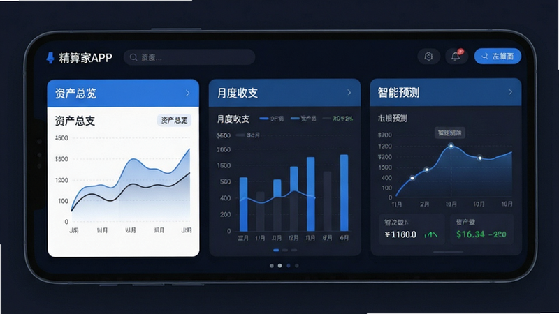 精算家APP主界面全景图,展示深色背景下的财务仪表盘,包含“资产总览”、“月度收支”、“智能预测”三个核心模块,界面布局清晰,蓝色与白色为主色调,扁平化设计风格,高清细节,无多余装饰元素,画质纯净,文字清晰可见