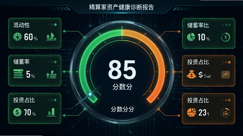 精算家资产健康诊断报告界面,中心为一个环形评分仪表盘,显示分数85分,周围环绕“流动性”、“储蓄率”、“投资占比”等数据块,使用绿色和橙色区分健康与待优化项,科技感布局,清晰易读,高清细节,无杂乱背景