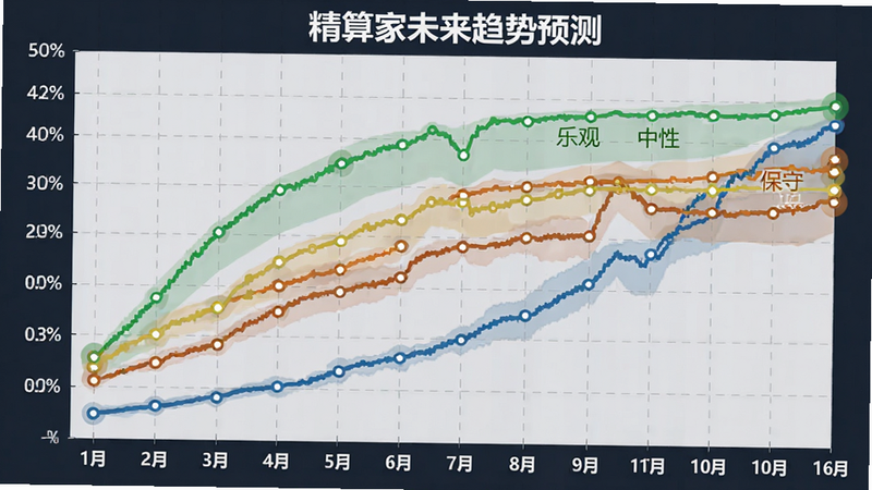 精算家未来趋势预测图表,折线图展示未来36个月资金曲线,上方叠加“乐观”、“中性”、“保守”三种情景模拟线,坐标轴清晰,数据点突出,背景为浅灰色网格,专业金融软件风格,高清渲染,文字标签清晰
