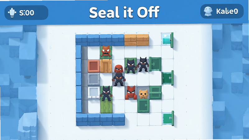 ����Ϊ��Seal it Off����Ϸ�����棬����������һ�������ӽǵ������ͼ����ͼ���в�ͬ��ɫ�ķ������ǽ�ڡ����˺ͳ��ڣ���Χ�����ż򵥵��û�����Ԫ��������͹ؿ��ţ��Ű��������򣬷��Ϊ���������ƽ����ƣ�ϸ�ڴ�����͵Ĺ�ӰЧ�������ʸ��壬�ɾ����޶���Ԫ�أ�������ʾ