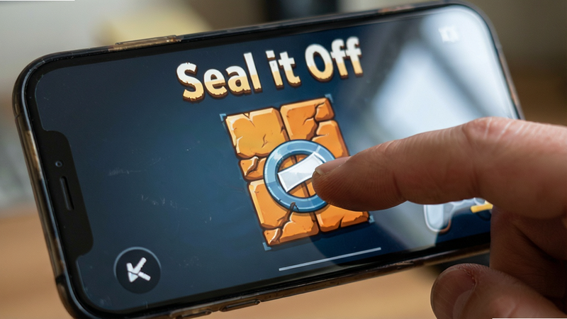 ����Ϊ�ֻ���Ļ����ʾ��Seal it Off����Ϸ���棬��ָ���ڵ����Ļ���з�²�����������д��ͷ��ͻ������ϸ�ڣ����Ϊдʵ��Ӱ�磬ϸ�ڴ�����Ļ�������ָ�����������������ɾ����޶���Ԫ�أ�������ʾ