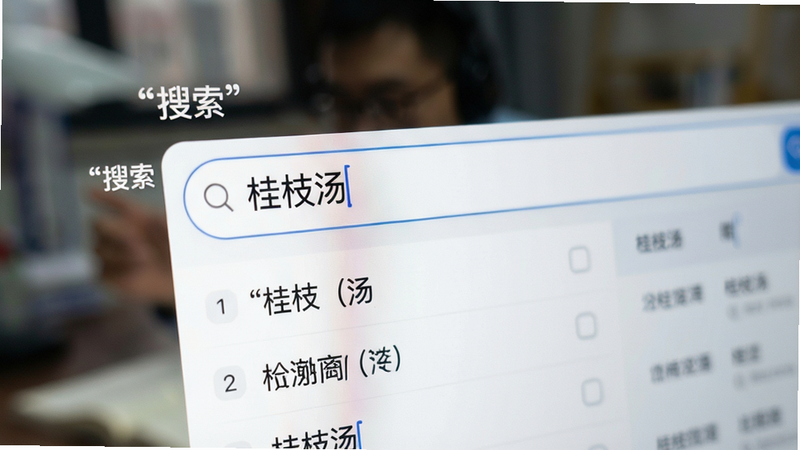展示搜索界面的特写镜头,输入框中显示关键词“桂枝汤”,下方列表列出相关条文,背景虚化,突出搜索结果的即时性,风格简洁现代,文字加引号“搜索”,画质清晰,无杂乱背景
