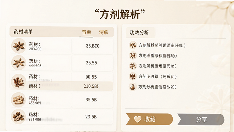 方剂详情页面预览,左侧显示药材清单,右侧显示功效分析,底部有关键按钮“收藏”和“分享”,整体色调为暖白色,体现专业医疗感,文字加引号“方剂解析”,高清细节,无水印