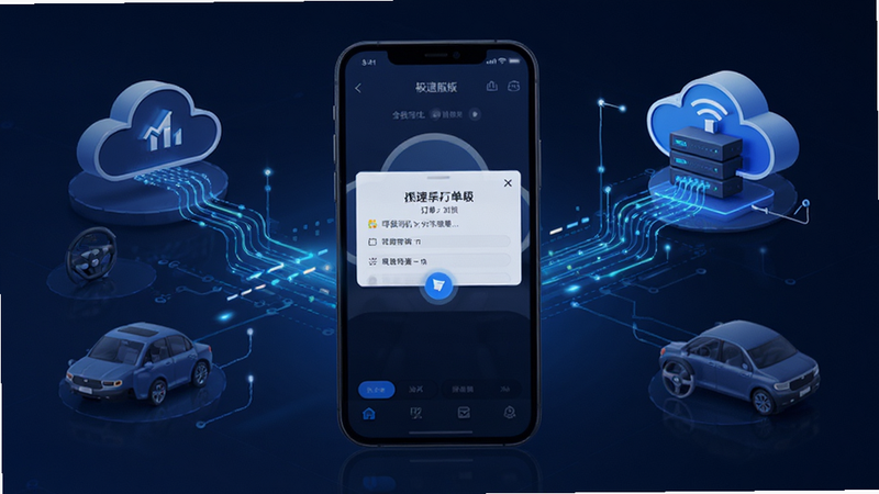呼我司机极速版派单流程示意图,画面中心为手机屏幕显示订单弹出动画,周围环绕着数据流线条连接至云端服务器图标,强调速度与连接,蓝色科技风格,细节丰富,画质清晰