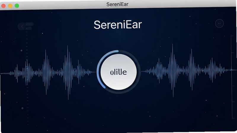 һ��չʾ SereniEar ����������ĸ����ͼ������Ϊ�����ɫ����������ʾ����Բ�ν��뿪�ذ�ť����Χ�������������ӻ�ͼ�Σ������񼫼��ִ�������������ע��SereniEar��������ϸ�壬������Ԫ��
