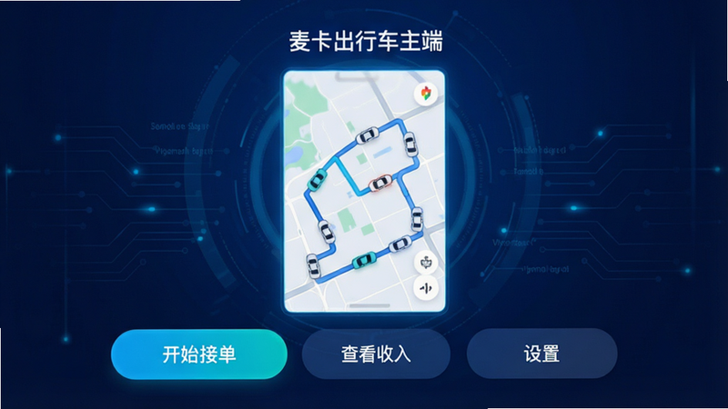 չʾ�󿨳��г�����APP�������棬����Ϊ����ɫ�Ƽ��磬������һ�������ĵ�ͼ���棬��ʾ�Ŷ���·�ߺͳ���ͼ�꣬�����С��󿨳��г����ˡ��������ײ��С���ʼ�ӵ��������鿴���롱�������á�������ť�����������ִ������壬��ˮӡ