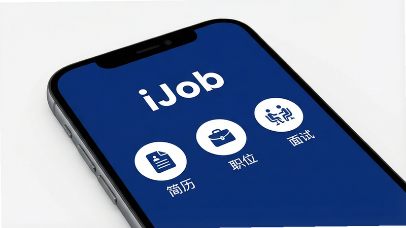 �ֻ���Ļ��д����ʾiJobӦ�ó�����棬����ɫ��������ɫ���ֱ���