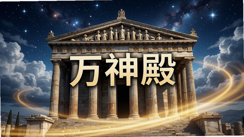 一张高清数字艺术插画,主体是宏伟的希腊式神庙建筑,背景是璀璨星空与云层,前景有金色光芒环绕,画面中央醒目显示文字“万神殿”,风格为史诗奇幻,细节丰富,光影效果逼真,画质4K,干净无杂物