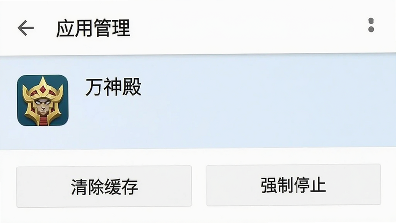 安卓手机设置界面截图,显示“应用管理”页面,选中“万神殿”应用,下方有“清除缓存”、“强制停止”按钮,界面简洁,图标清晰,背景白色,风格官方UI,无多余装饰,高清