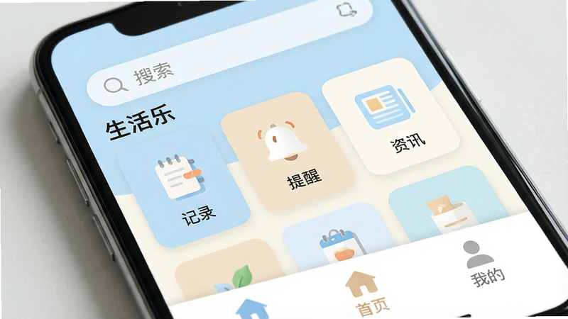 ����Ϊ�����ֻ���Ļ���棬��ʾ�������֡�APP��ҳ������������࣬����Ϊ���������в�չʾ����ͼ���硰��¼���������ѡ�������Ѷ�����ײ�Ϊ���������Ű���ÿ�Ƭʽ��ƣ���������ִ���ϸ�ڷḻ��ɫ������Ե������װ�Ϊ�������ʸ��壬�ɾ��޶���Ԫ�أ����ֱ�ǩ�����ɼ��硰�����֡�������ҳ�������ҵġ�