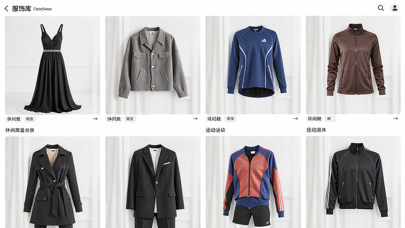 主体为服饰库展示界面,布局为网格状排列多款不同风格的服装,包括礼服、休闲装、运动装等,排版紧凑且分类清晰,风格多样化,细节展示布料质感和剪裁线条,画质清晰,干净无背景干扰