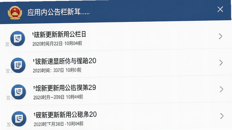 主体为应用内公告栏界面,布局为列表形式展示多条更新新闻,排版整齐,风格官方正式,细节展示图标和发布时间,画质清晰,干净无干扰元素