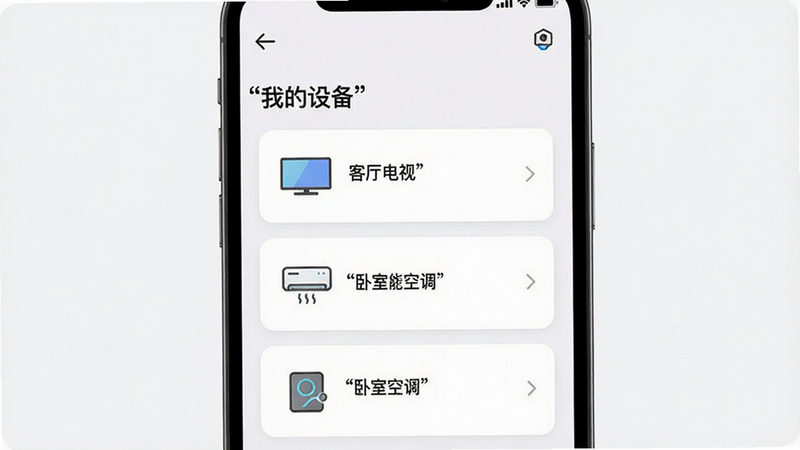 主体为手机界面,显示“遥控器万能型”应用中的“我的设备”列表,包含“客厅电视”、“卧室空调”等卡片式图标,布局为垂直列表,排版清晰,风格为简约现代,细节显示设备名称与图标,画质高清,干净,无多余元素,文字“我的设备”加引号