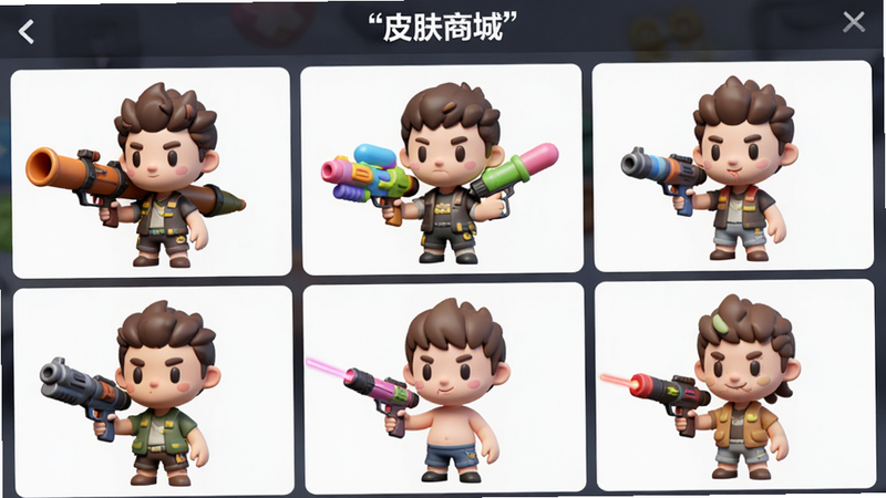 ����Ϊ��ɫƤ��չʾ���棬����Ϊ�����������У�չʾ��ͬ���͵Ľ�ɫ�����ΪQ��3D��Ⱦ��ϸ�ڰ�����ɫ�ֳָ�������ǹе������Ͳ��ˮǹ������ʵȣ����ʾ��£��ɾ����޶���Ԫ�أ����֡�Ƥ���̳ǡ�������λ�ڶ���������