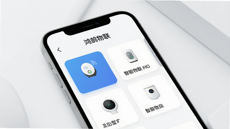 一张展示“鸿鹄物联”应用界面的高清概念图,主体为智能手机屏幕,显示简洁的白色UI界面,顶部有“鸿鹄物联”字样,中间列出多个智能设备卡片,布局整洁,现代扁平化风格,光线柔和,8k分辨率,干净无多余元素