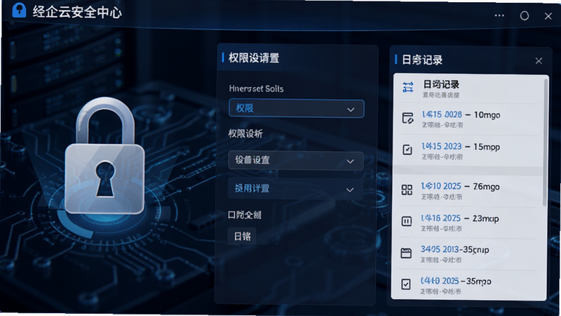 绛企云安全中心界面,显示加密锁图标、权限设置选项、日志记录列表,深蓝色背景,科技感强,细节丰富,高清,无水印