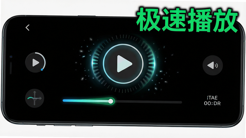 主体为手机视频播放界面,背景为黑色,中央显示一个播放按钮和进度条,周围有速度调节图标和清晰度选项,布局简洁,排版紧凑,风格科技感强,细节处体现高速加载的光效,画质高清,干净,无多余元素,文字“极速播放”以绿色加粗显示