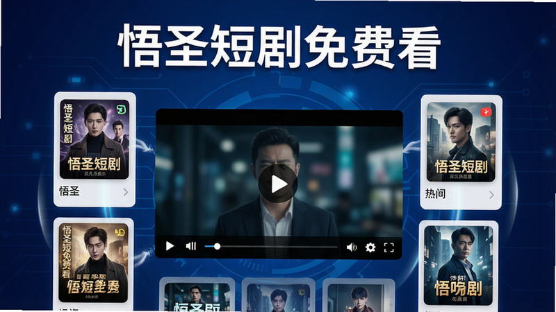 主体为一款名为“悟圣短剧免费看”的手机应用界面截图,背景为深蓝色科技风渐变,中央展示一个高清视频播放窗口,周围环绕着热门短剧封面卡片,布局整洁,排版清晰,风格现代简约,细节处体现流畅的UI动效,画质高清,干净无多余元素,文字“悟圣短剧免费看”以白色加粗字体显示在顶部