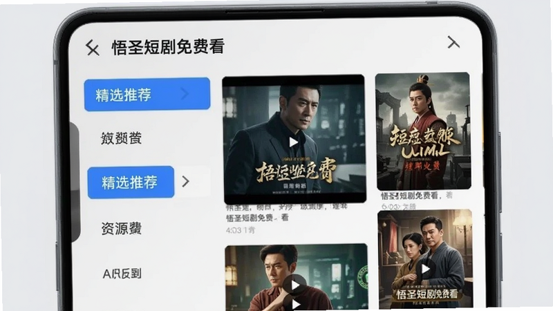 主体为手机屏幕界面,展示“悟圣短剧免费看”的资源列表页面,背景为浅灰色,左侧为分类标签栏,右侧为瀑布流式的短剧封面图,排版整齐,风格扁平化,细节处显示高清视频缩略图,画质清晰,干净,无多余元素,文字“精选推荐”以蓝色高亮显示
