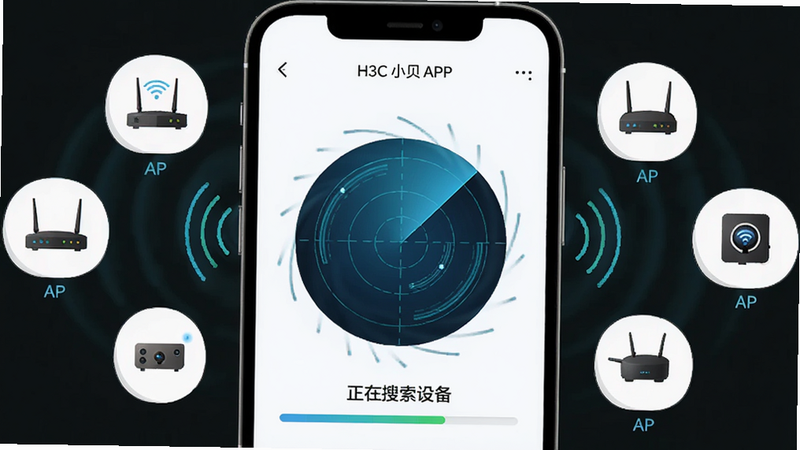 H3CС��APP�豸ɨ�����ʾ��ͼ������Ϊ�ֻ���Ļ������������ʾ��ת���״�ɨ�趯������ΧƯ����·������AP��ͼ�꣬����ƽ����ϸ����ʾɨ����������źŲ��ƣ����ʸ��壬�ɾ������ְ���