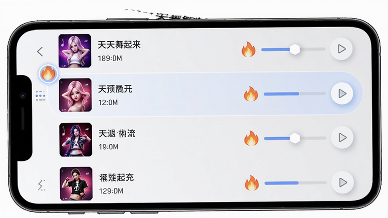 主体为手机界面展示《天天舞起来》的音乐列表页,布局为垂直滚动列表,每行显示歌曲封面、歌名、时长及热度图标,右侧有播放进度条,风格现代简约,细节处有高亮选中效果,画质清晰,包含文字“天天舞起来”