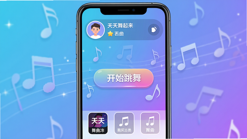 主体为手机屏幕展示《天天舞起来》应用主界面,布局清晰,顶部显示用户头像与积分,中部为醒目的“开始跳舞”按钮,底部为舞曲分类标签,背景采用清新蓝紫渐变风格,细节处有音符飘动特效,画质高清,干净无多余元素,包含文字“天天舞起来”