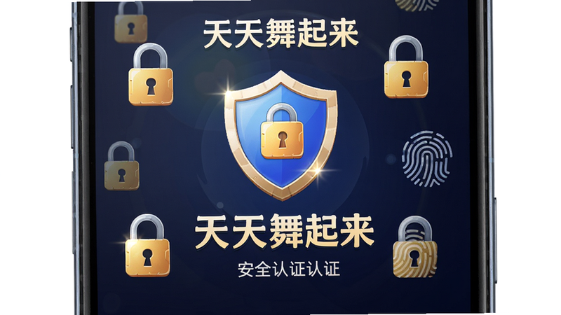 主体为手机屏幕展示《天天舞起来》的安全认证页面,布局为中心盾牌图标配合文字说明,周围环绕安全锁与指纹图案,风格稳重可信,细节处有光泽反射,画质高清,包含文字“天天舞起来”