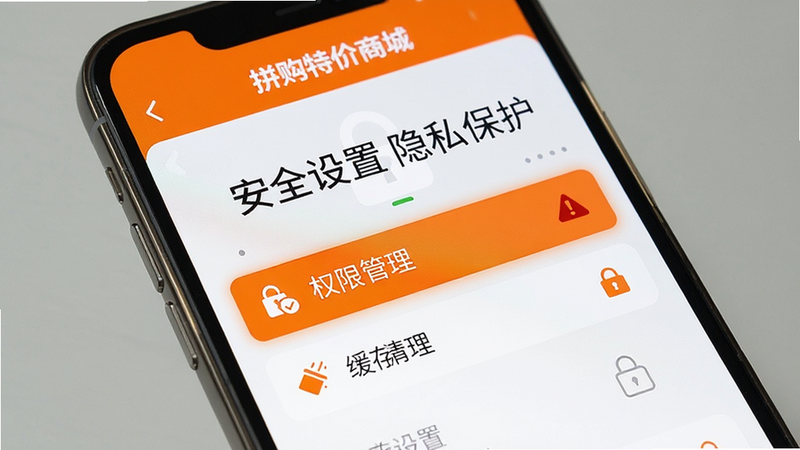 手机屏幕显示拼购特价商城的设置界面,重点高亮“权限管理”和“缓存清理”选项,周围有警示图标,风格警示性强,色调为橙色和白色,文字“安全设置 隐私保护”清晰,细节处有锁头图标,画面整洁,高清无噪点,无多余元素